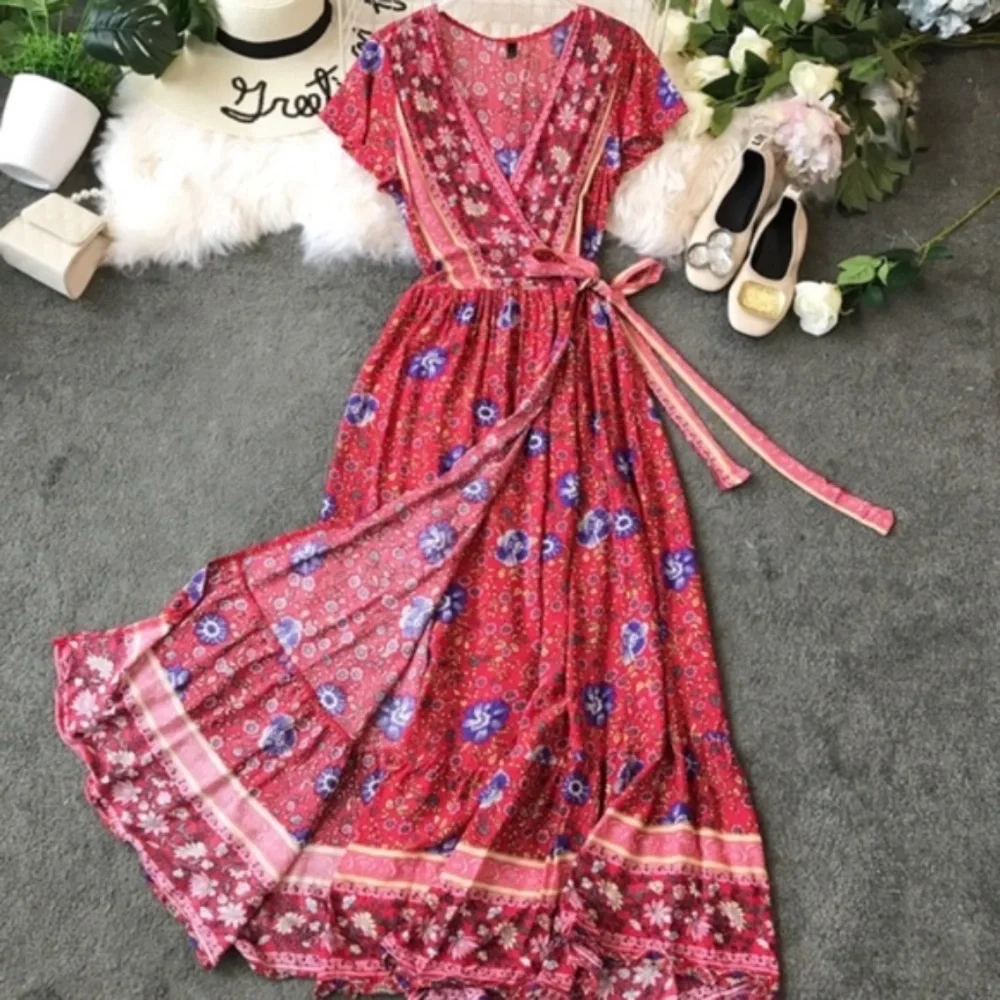 Bohemian Red floral Print maxi kimono dress cover up - Picture 6 of 6